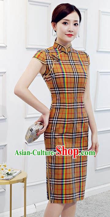 Chinese Traditional Mandarin Yellow Qipao Dress National Costume Retro Cheongsam for Women