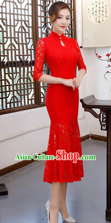 Chinese Traditional Red Lace Mandarin Qipao Dress National Costume Fishtail Cheongsam for Women