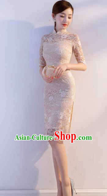 Chinese Traditional Mandarin Qipao Dress National Costume Beige Lace Cheongsam for Women