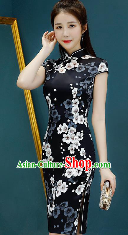 Chinese Traditional Mandarin Qipao Dress National Costume Printing Flowers Black Cheongsam for Women