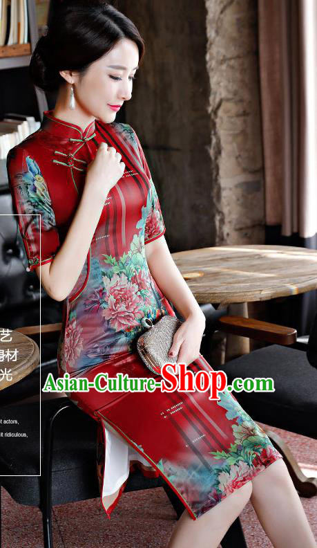 Chinese Traditional Silk Mandarin Qipao Dress National Costume Printing Peony Red Short Cheongsam for Women