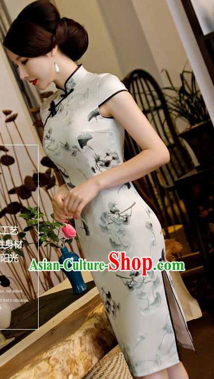 Chinese Traditional Silk Mandarin Qipao Dress National Costume Printing Ginkgo Leaf Short Cheongsam for Women