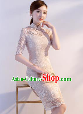 Chinese Traditional Mandarin Qipao Dress National Costume Pink Lace Short Cheongsam for Women