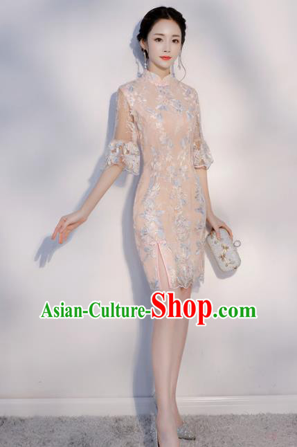 Chinese Traditional Mandarin Qipao Dress National Costume Pink Short Cheongsam for Women