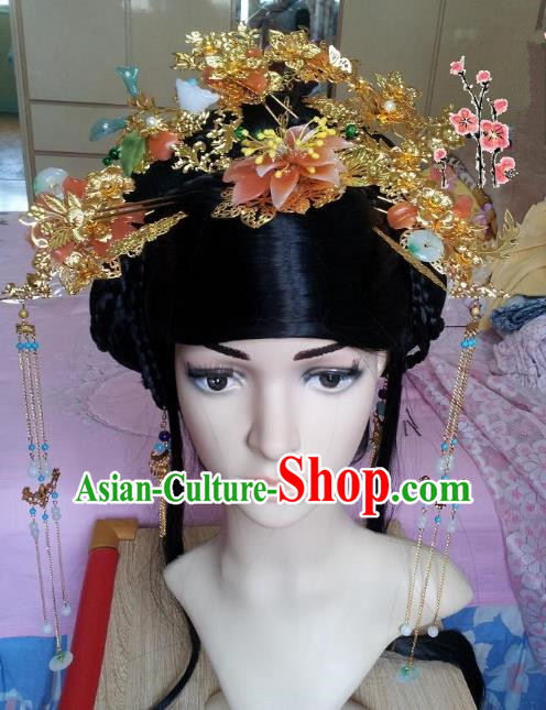 Traditional Chinese Ancient Hair Accessories Golden Phoenix Coronet Hairpins Complete Set for Women