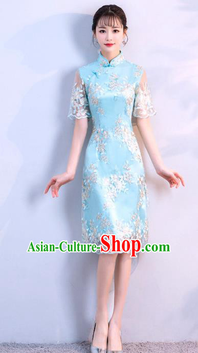 Chinese Traditional Blue Embroidered Mandarin Qipao Dress National Costume Short Cheongsam for Women