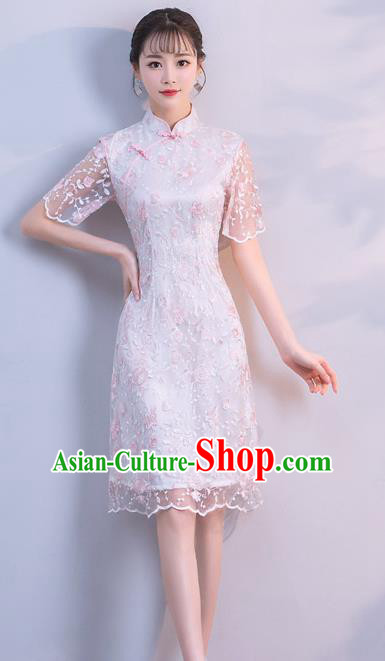 Chinese Traditional White Embroidered Mandarin Qipao Dress National Costume Short Cheongsam for Women
