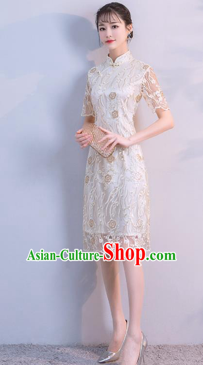 Chinese Traditional Champagne Embroidered Mandarin Qipao Dress National Costume Short Cheongsam for Women