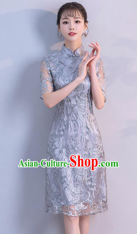 Chinese Traditional Blue Embroidered Mandarin Qipao Dress National Costume Short Cheongsam for Women