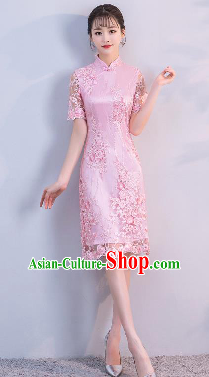 Chinese Traditional Pink Embroidered Mandarin Qipao Dress National Costume Short Cheongsam for Women