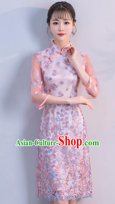 Chinese Traditional Pink Mandarin Qipao Dress National Costume Short Cheongsam for Women