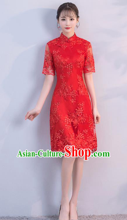 Chinese Traditional Red Mandarin Qipao Dress National Costume Short Cheongsam for Women