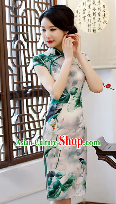Chinese Traditional Mandarin Qipao Dress National Costume Printing Lotus Green Short Cheongsam for Women