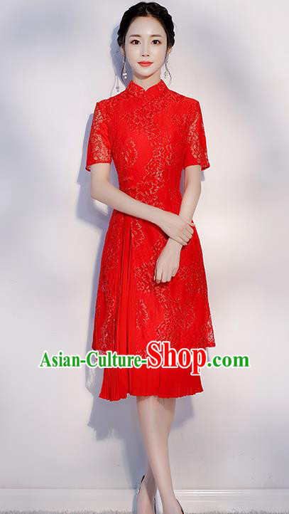 Chinese Traditional Embroidered Red Mandarin Qipao Dress National Costume Short Cheongsam for Women