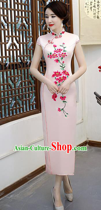 Chinese Traditional Pink Mandarin Qipao Dress National Costume Embroidered Silk Cheongsam for Women