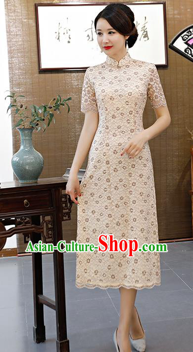 Chinese Traditional Mandarin Qipao Dress National Costume Beige Lace Cheongsam for Women