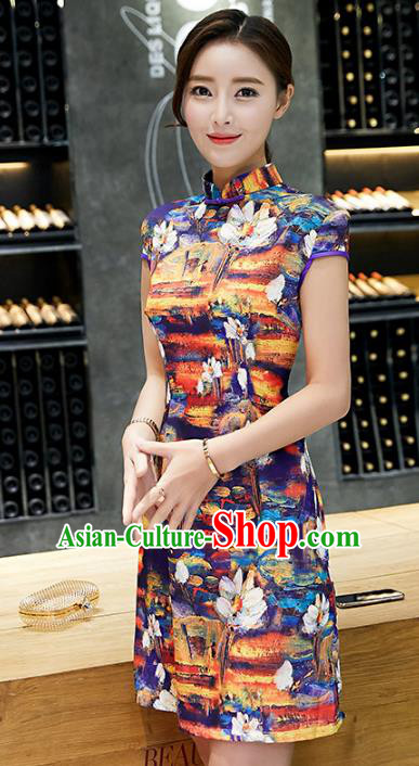 Chinese Traditional Mandarin Qipao Dress National Costume Printing Purple Cheongsam for Women