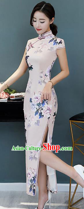 Chinese Traditional Printing Peony Pink Mandarin Qipao Dress National Costume Tang Suit Cheongsam for Women