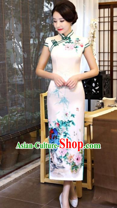 Chinese Traditional Tang Suit White Silk Qipao Dress National Costume Mandarin Cheongsam for Women