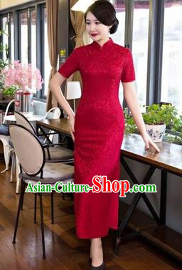 Chinese Traditional Tang Suit Red Lace Qipao Dress National Costume Mandarin Cheongsam for Women