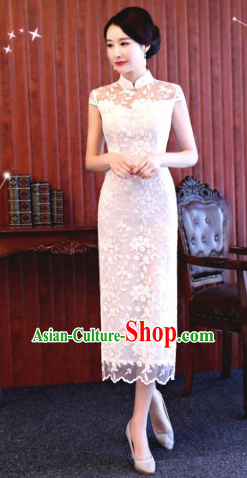 Chinese Traditional Tang Suit White Lace Qipao Dress National Costume Mandarin Cheongsam for Women