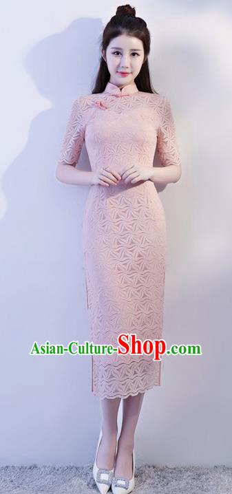 Chinese Traditional Tang Suit Pink Lace Long Qipao Dress National Costume Mandarin Cheongsam for Women