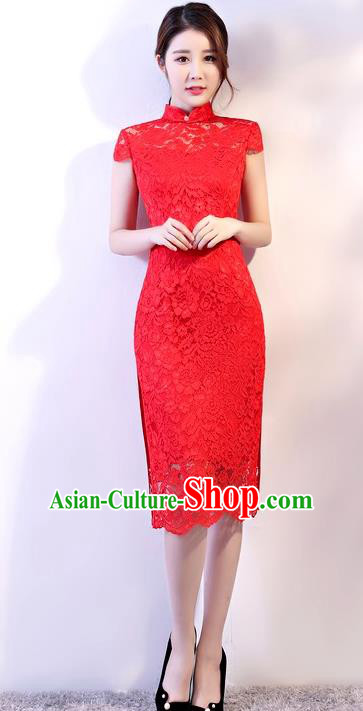 Chinese Traditional Tang Suit Red Embroidered Lace Qipao Dress National Costume Mandarin Cheongsam for Women