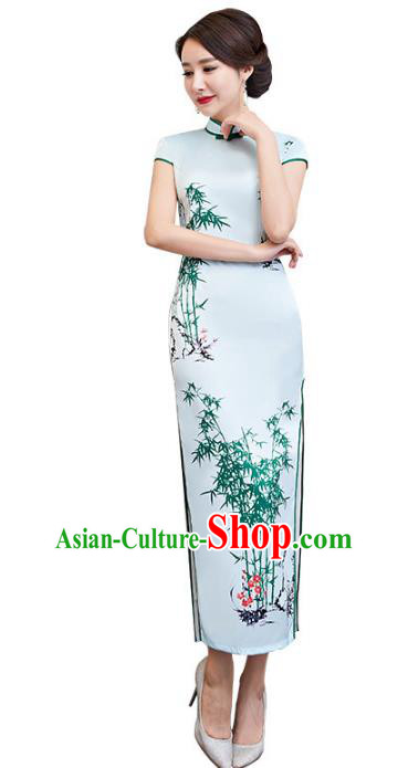 Chinese Traditional Tang Suit Printing Bamboo Qipao Dress National Costume Green Silk Mandarin Cheongsam for Women