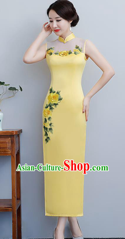 Chinese Traditional Tang Suit Embroidered Peony Qipao Dress National Costume Yellow Silk Mandarin Cheongsam for Women