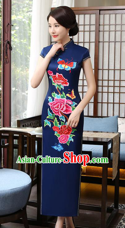 Chinese Traditional Tang Suit Printing Peony Butterfly Qipao Dress National Costume Blue Silk Mandarin Cheongsam for Women