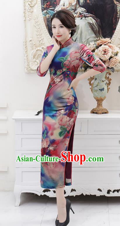 Chinese Traditional Tang Suit Qipao Dress National Costume Retro Printing Mandarin Cheongsam for Women