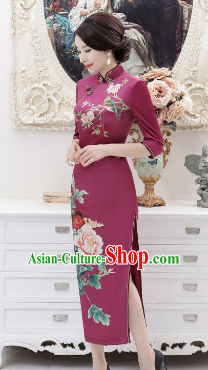 Chinese Traditional Tang Suit Purple Silk Qipao Dress National Costume Retro Printing Mandarin Cheongsam for Women