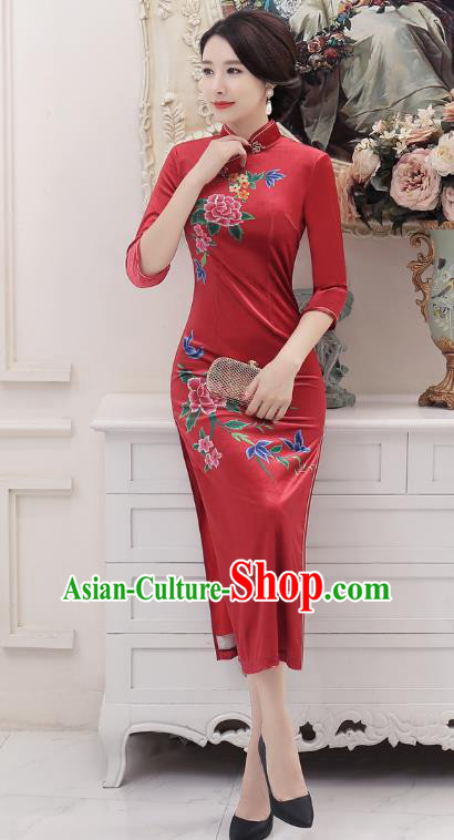 Chinese Traditional Tang Suit Red Silk Qipao Dress National Costume Retro Printing Mandarin Cheongsam for Women