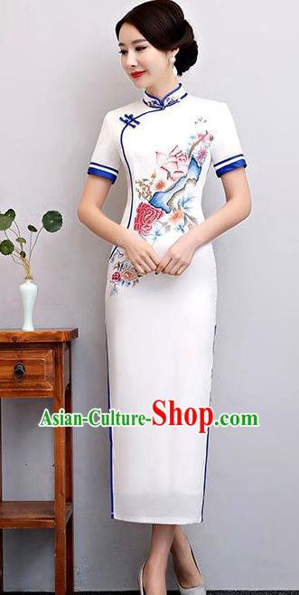 Chinese Traditional Printing Lotus Mandarin Qipao Dress National Costume Tang Suit Cheongsam for Women