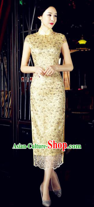 Chinese Traditional Mandarin Qipao Dress National Costume Tang Suit Yellow Cheongsam for Women