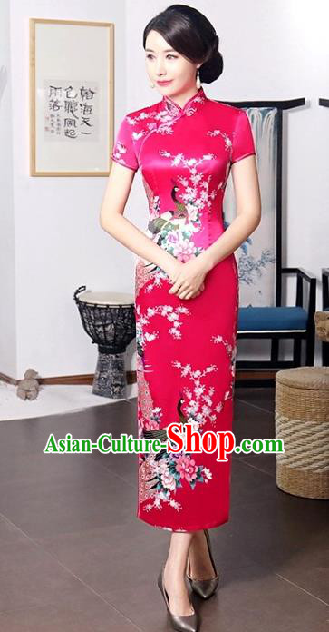 Chinese Traditional Printing Peacock Mandarin Qipao Dress National Costume Tang Suit Rosy Cheongsam for Women