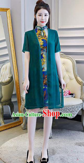 Chinese Traditional Short Mandarin Qipao Dress National Costume Tang Suit Green Cheongsam for Women