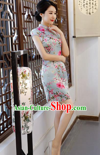 Chinese Traditional Printing Peach Blossom Qipao Dress National Costume Tang Suit Blue Mandarin Cheongsam for Women