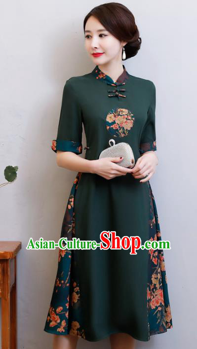 Chinese Traditional Green Qipao Dress National Costume Tang Suit Mandarin Cheongsam for Women