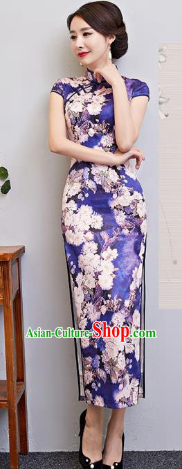 Chinese Traditional Tang Suit Qipao Dress National Costume Printing Pear Flowers Purple Mandarin Cheongsam for Women