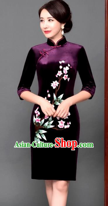 Chinese Traditional Tang Suit Qipao Dress National Costume Purple Pleuche Mandarin Cheongsam for Women