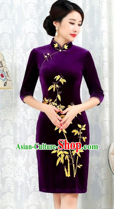 Chinese Traditional Tang Suit Qipao Dress National Costume Printing Bamboo Pleuche Mandarin Cheongsam for Women