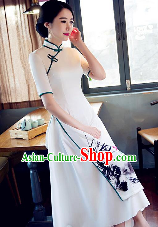 Chinese Traditional Tang Suit Qipao Dress National Costume Printing Orchid Mandarin Cheongsam for Women