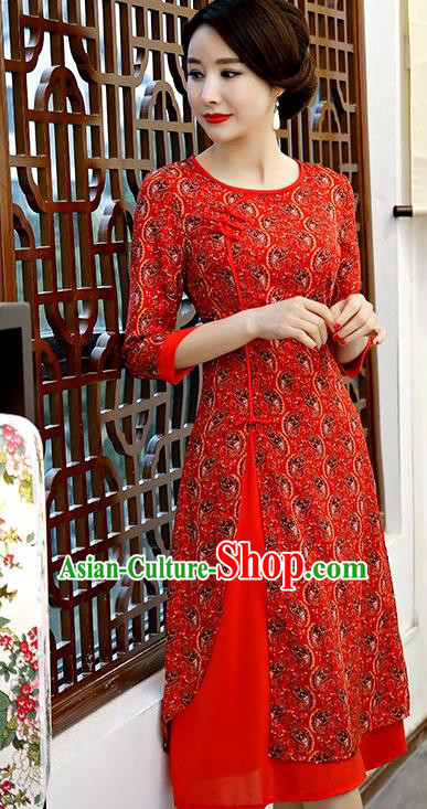 Chinese Traditional Tang Suit Red Qipao Dress National Costume Chiffon Mandarin Cheongsam for Women