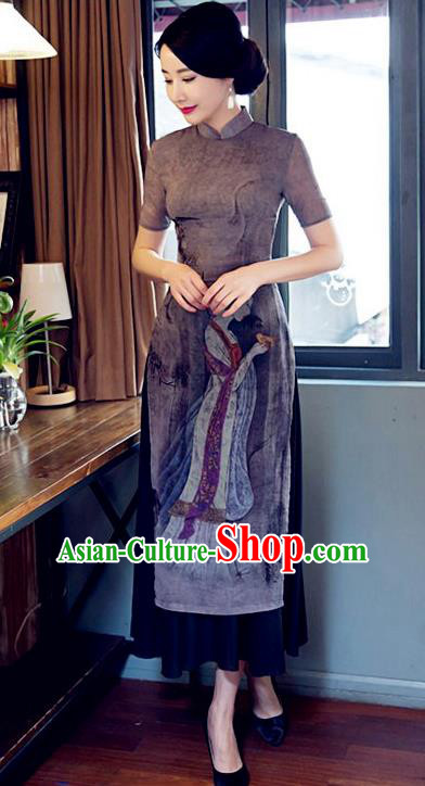 Chinese Traditional Tang Suit Printing Qipao Dress National Costume Mandarin Cheongsam for Women