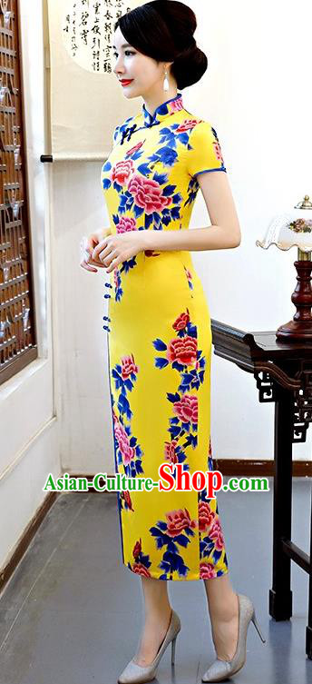 Chinese Traditional Tang Suit Yellow Silk Qipao Dress National Costume Printing Peony Mandarin Cheongsam for Women