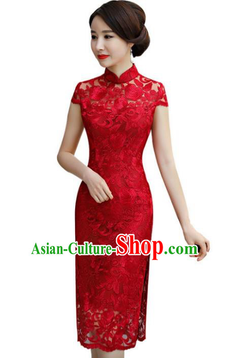 Chinese Traditional Tang Suit Red Lace Qipao Dress National Costume Mandarin Cheongsam for Women