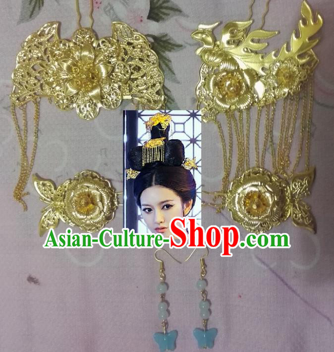 Traditional Chinese Ancient Hair Accessories Golden Hairpins Tassel Step Shake for Women