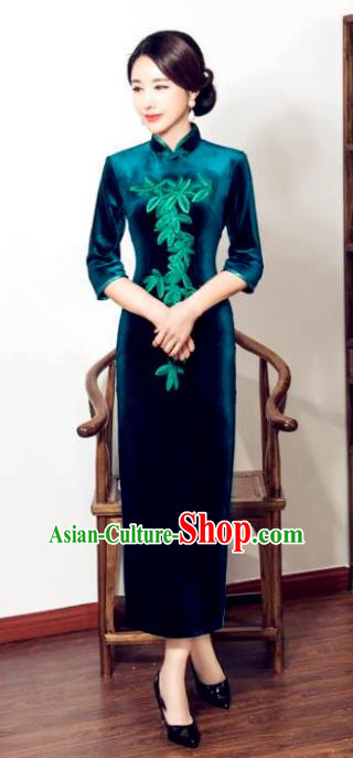 Chinese Traditional Tang Suit Embroidered Qipao Dress National Costume Retro Green Velvet Mandarin Cheongsam for Women