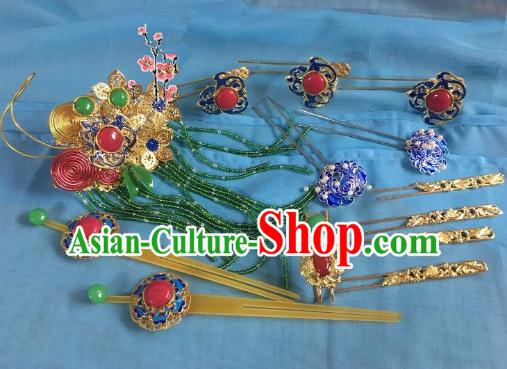 Traditional Chinese Ancient Palace Lady Hair Accessories Blueing Hairpins Phoenix Coronet Complete Set for Women